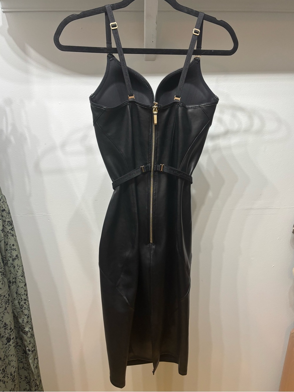 Honey Birdette Black Faux Leather Midi Dress with Gold Zipper - Picture 7 of 8